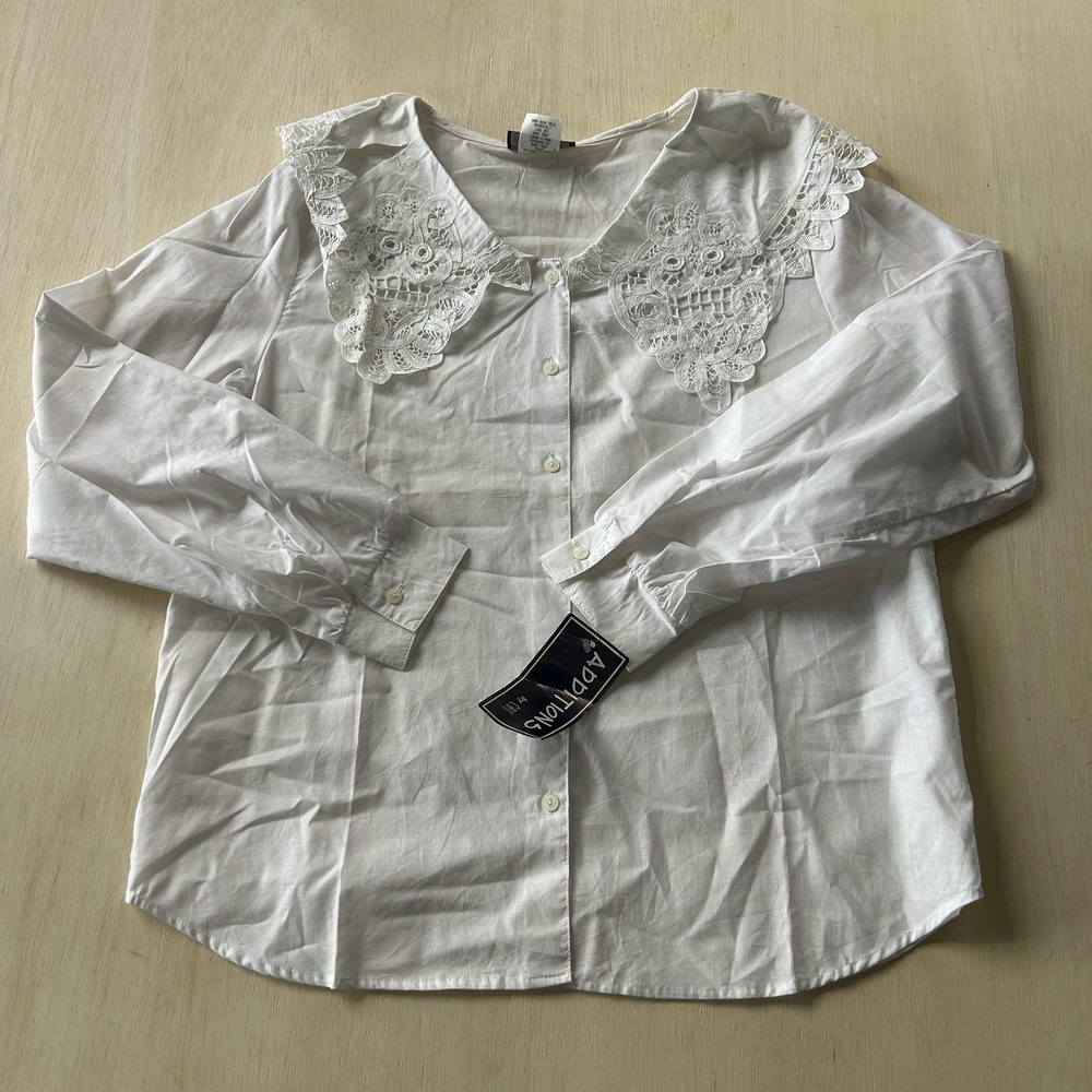 Additions By CHU Blouse Womens L White Lace Collar Button Front Top Long Sleeve